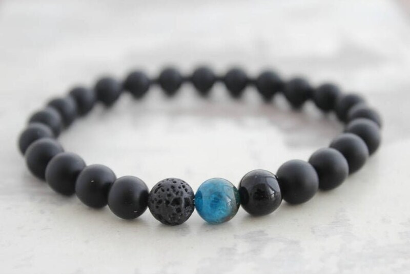 Blue Apatite, Black Onyx and Lava Stone Mens Bracelet